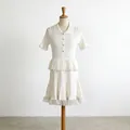 French style white knitted two-piece set with polo collar top and lace trim A-line skirt - S / Top And Bottom / White