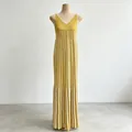 Elegant yellow and white vertical striped knitted maxi dress with high waist design - S / Dresses / Gold