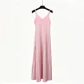 Elegant pink and white striped pleated camisole maxi dress with high waist design - S / Dresses / Pink