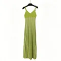 Elegant green sleeveless v-neck knitted maxi strap dress with white vertical stripes - S / Dresses / Green