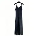 Elegant black and white vertical striped maxi suspender dress with V-neckline - Black