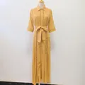 Κίτρινο μακρύ φόρεμα γαλλικού vintage στυλ με κεντητή δαντέλα και ζώνη στη μέση - S / Dresses / Κίτρινο