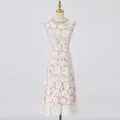 Elegant white floral lace sleeveless midi dress with delicate beaded neckline detail - S / Dresses / White