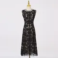 Elegant black lace floral sleeveless midi dress with a decorative beaded round neckline - S / Dresses / Black