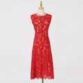 Elegant red floral lace midi dress with sleeveless round neck and embellished collar. - S / Dresses / Red