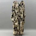 Elegant casual loose floral print maxi dress featuring V-neck and batwing sleeves - One Size / Dresses / Khaki