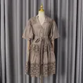 Elegant French style V-neck puff sleeve dress with delicate hollow floral lace details - Khaki