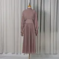 Mauve two-piece dress set with sequin embellishments displayed on a clothing mannequin. - XL / Top And Bottom / Pink