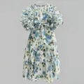 Elegant vintage rose print dress featuring dramatic puff sleeves and a large back bow detail - S / Dresses / White
