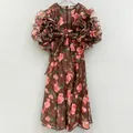 Retro rose print maxi court-style dress with dramatic puff sleeves and bow detail - S / Dresses / Coffee