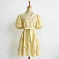 Elegant French pastoral yellow lace mini dress with V-neck and puff sleeves for women - S / Dresses / Yellow