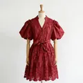 French pastoral style burgundy V-neck dress with puff sleeves and lace detailing - S / Dresses / Red