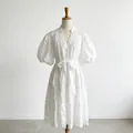 French country-style white short dress with V-neck, puff sleeves, and lace hollow-out details - S / Dresses / White