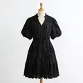 French style black puff sleeve mini dress with V-neck and lace hollow out details - S / Dresses / Black