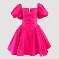 Vibrant fuchsia puff sleeve mini dress with button front and elegant French style details. - S / Dresses / Rose Red
