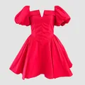 Close-up of red French style mini dress with puff sleeves and button-down front - Red / S