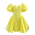 Front view of a yellow French style mini dress with puff sleeves and button-down detail - Yellow / S