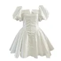 Elegant French style white dress featuring puff sleeves and button-up front design - White / S