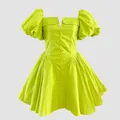Close-up of a lime green French style puff sleeve mini dress with button front - S / Dresses / Green