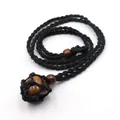 Handmade black braided necklace with natural stone pendant and brown wooden beads - Tiger Eye
