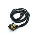 Hand-woven black cord necklace with natural yellow raw stone pendant and wooden beads - Citrine