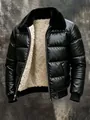 Premium men's black PU leather puffer jacket with thick lamb wool collar and lining - S / Tops / Black