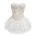 Detailed view of a white lace corset dress with layered mesh tutu skirt. - XS / Dresses / White