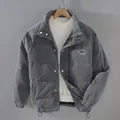 Men's winter grey corduroy puffer jacket featuring a minimalist warm bread jacket design - S / Tops / Gray