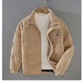 Casual beige corduroy padded jacket for men with stand collar and zipper closure - Khaki