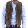 Detail of a brown suede vest for men featuring a retro multi-button design and pocket square - S / Tops / Coffee