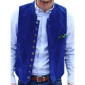 Detail view of retro royal blue suede vest with multi-button closure and stand collar - S / Tops / Blue