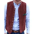 Detail shot of men's burgundy vintage faux suede waistcoat featuring multiple buttons - S / Tops / Dark Red