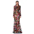 Elegante vloerlange transparante mesh jurk met levendige veelkleurige bloemenpailletten en mouwen - XS / Dresses / Rood