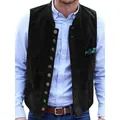 Vintage black suede men's waistcoat featuring multi-button closure and pocket detail - S / Tops / Black