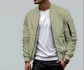 Classic olive green men's pilot bomber jacket with ribbed cuffs and sleeve zipper pocket. - Light Green