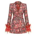 Elegant women's V-neck floral print dress jacket featuring luxury feather trim cuffs - XS / Dresses / Rainbow
