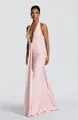 Elegante abito lungo rosa a trapezio con scollo all'americana e dettagli arricciati - Rosa