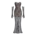 Detail of elegant lace splicing bandeau mermaid dress with matching long gloves - XS / Dresses / Sapphire Blue