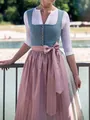 Elegant German Dirndl with dark blue bodice, white lace blouse, and pink patterned apron - XS / Top And Bottom / Dark Blue with Pink