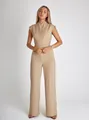 Mono elegante sin mangas de pernera ancha en color beige con cintura entallada para mujer. - 3XL / Monos / Caqui