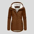 Cozy women's brown hooded winter jacket with white warm fleece lining for SKU - S / Tops / Caramel color