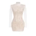 Close-up of elegant white floral lace mini dress with high collar and corset waist detail. - XS / Dresses / White
