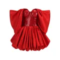 Vista frontale di un mini abito rosso con paillettes, orlo a sbuffo voluminoso e senza spalline - XS / Vestiti / Borgogna