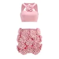Detailed view of pink halter crop top and mini skirt with 3D fabric flower decor. - XS / Top And Bottom / Pink