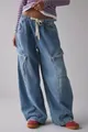 Detailed view of women's relaxed fit wide-leg cargo jeans in washed blue denim - S / Bottoms / Blue