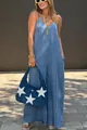 Fashionable light blue washed denim wide leg jumpsuit for women with spaghetti straps - S / Jumpsuits / Blue