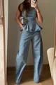 Full body mirror selfie of a vintage denim two-piece set featuring cherry embroidery details - S / Bottoms