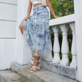 Jupe à volants en jean et tulle fleuri style urbain bleu ciel - S / Jupe en Denim Avec Ceinture