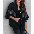 Black heavy craft denim jacket featuring silver chain fringes and rivet details for street fashion - S / Tops / Black