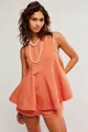 Vue détaillée d'un ensemble short en jean sans manches décontracté et ample en corail - S / Haut Et Bas / Rouge Orangé